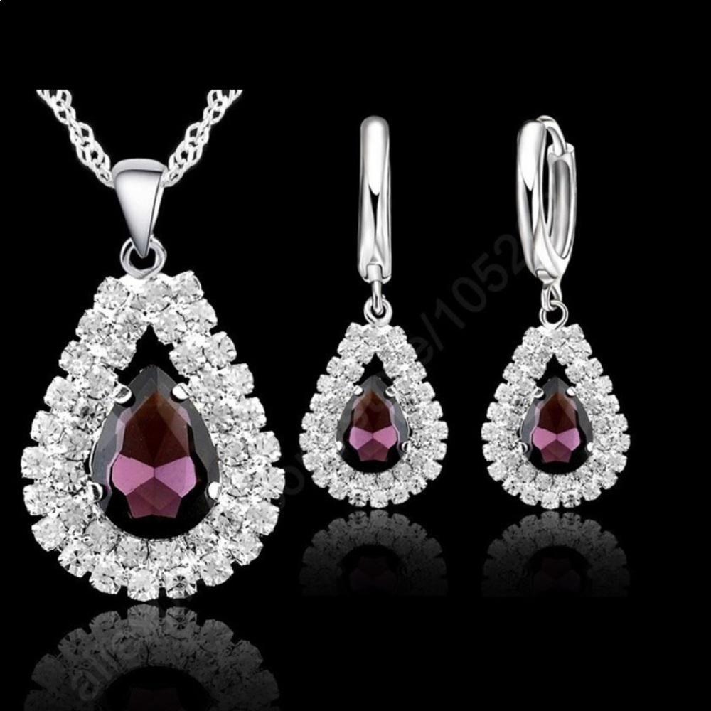 925 Sterling Silver Purple Crystal Pendant Necklace Hoop Earrings Set